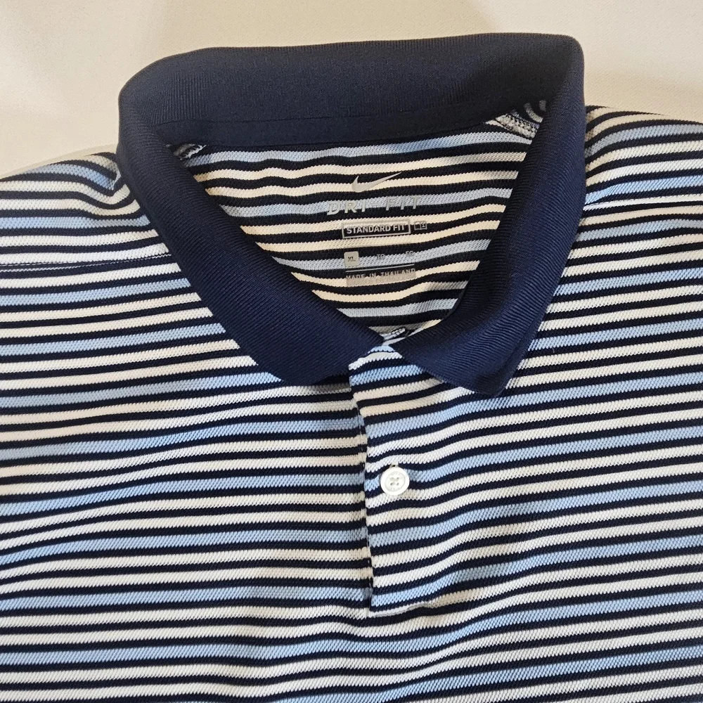 Nike Mens Polo Dri-Fit XL Blue White Striped Golf Ready Preppy Loungewear‎ Shirt